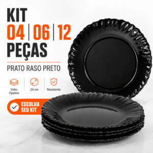 Kit Jogo 04/06/12 Pratos De Vidro Opaline Raso Liso Preto Canelado 24 cm Resistente - Oferta na Shopee