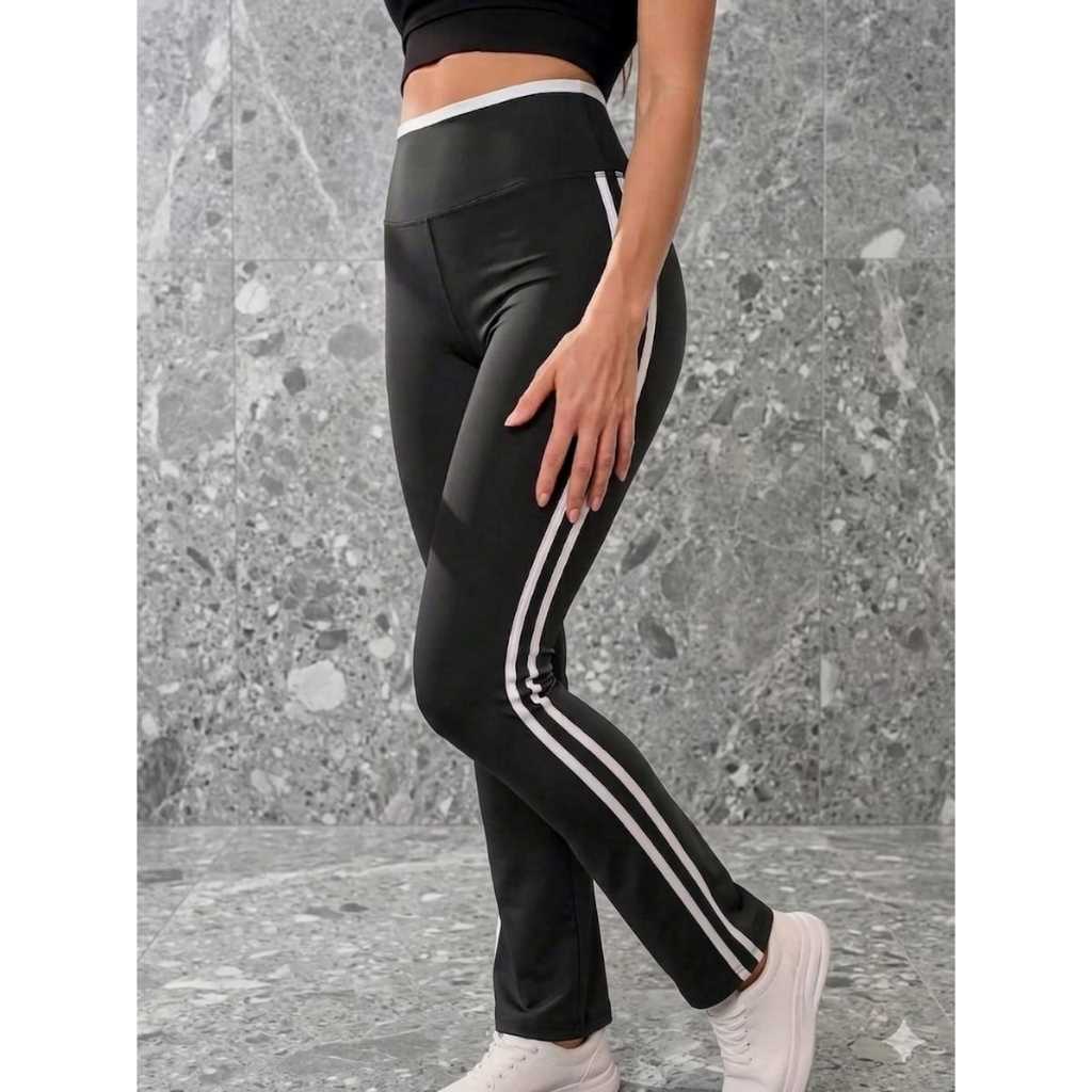 Calça Feminina BOOTCUT Com Listras Laterais Cos Alto Bicolor Tecido Suplex Premium/ Academia, Paseio Calça Feminina BOOTCUT Com Listras Laterais Cos Alto Bicolor Tecido Suplex Premium/ Academia