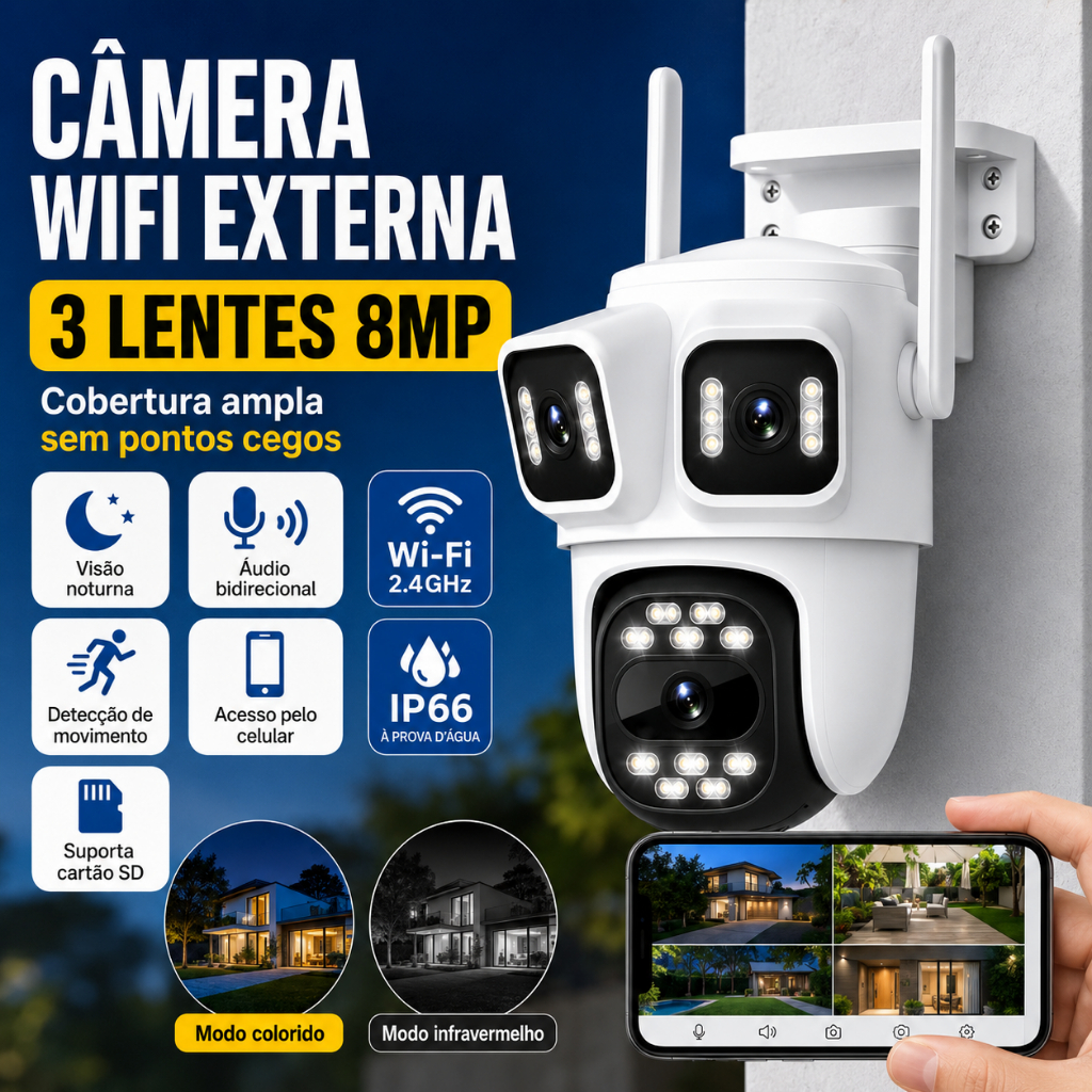 Câmera Segurança WiFi 3 Lentes 8MP IP66 Visão Noturna Áudio Duplo iCSee Câmera Segurança WiFi 3 Lentes 8MP IP66 Visão Noturna Áudio Duplo iCSee