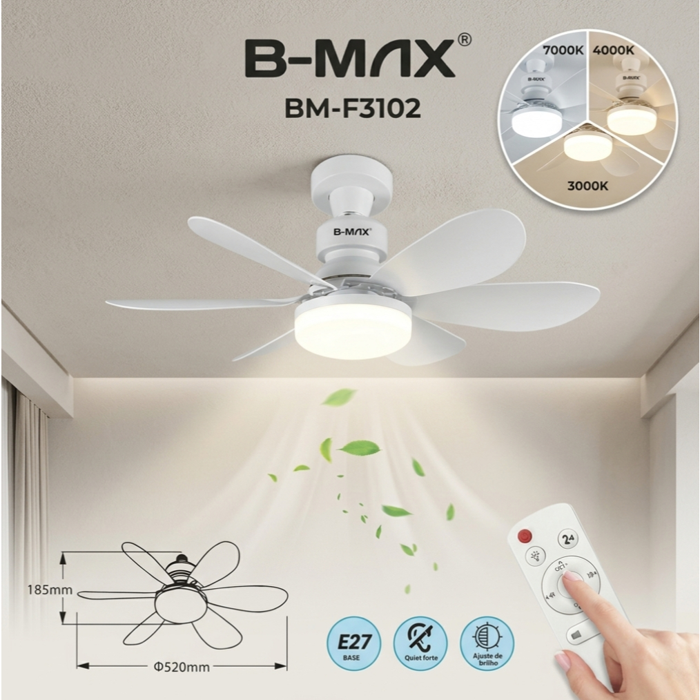 Ventilador de Teto com Lâmpada LED E27 - Silencioso, com Controle Remoto,Ventilador de 6 pás 52CM B-MAX BM-F3102 Ventilador de Teto com Lâmpada LED E27 - Silencioso