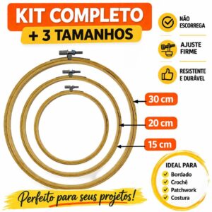 Kit Bastidor Bambu 3 Unidades 15 20 30cm completo Bordado Profissional Ajustável Não Escorrega Promoção - Oferta na Shopee