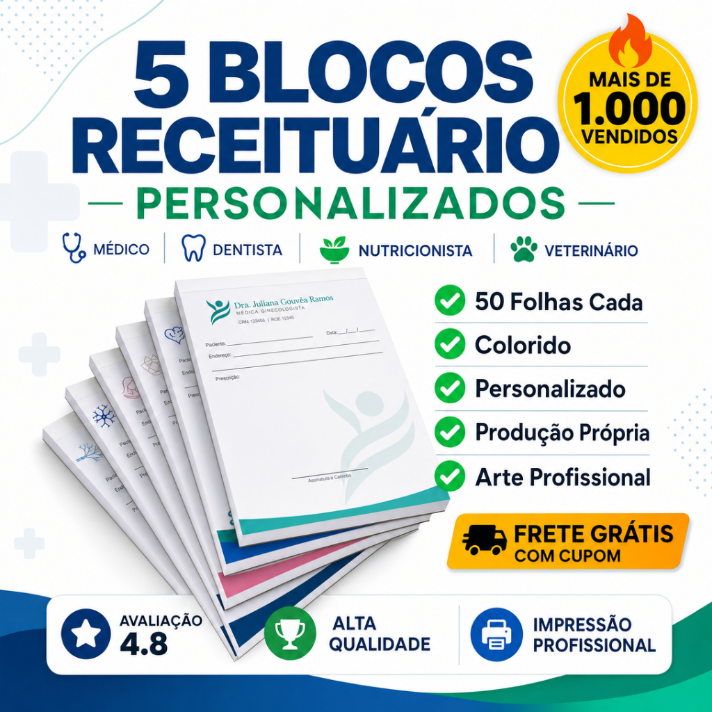 Bloco Receituário Personalizado 50 Folhas | Médico Dentista Nutricionista Veterinário | A5 ou A4 Colorido Bloco Receituário Personalizado 50 Folhas | Médico Dentista Nutricionista Veterinário | A5 ou A4 Colorido - Oferta na Shopee