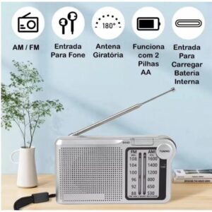 Rádio Portátil AM FM com Alimentação USB e Pilha AAA
