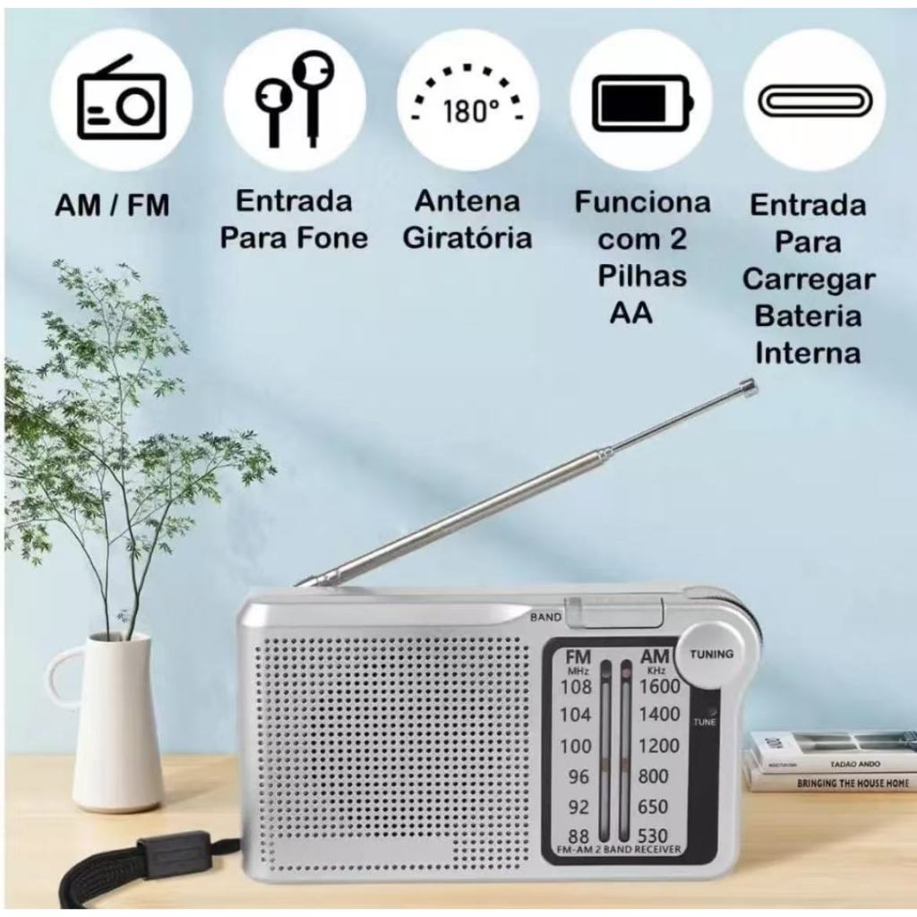 Rádio Portátil AM FM com Alimentação USB e Pilha AAA, Antena Telescópica, Som Claro Rádio Portátil AM FM com Alimentação USB e Pilha AAA
