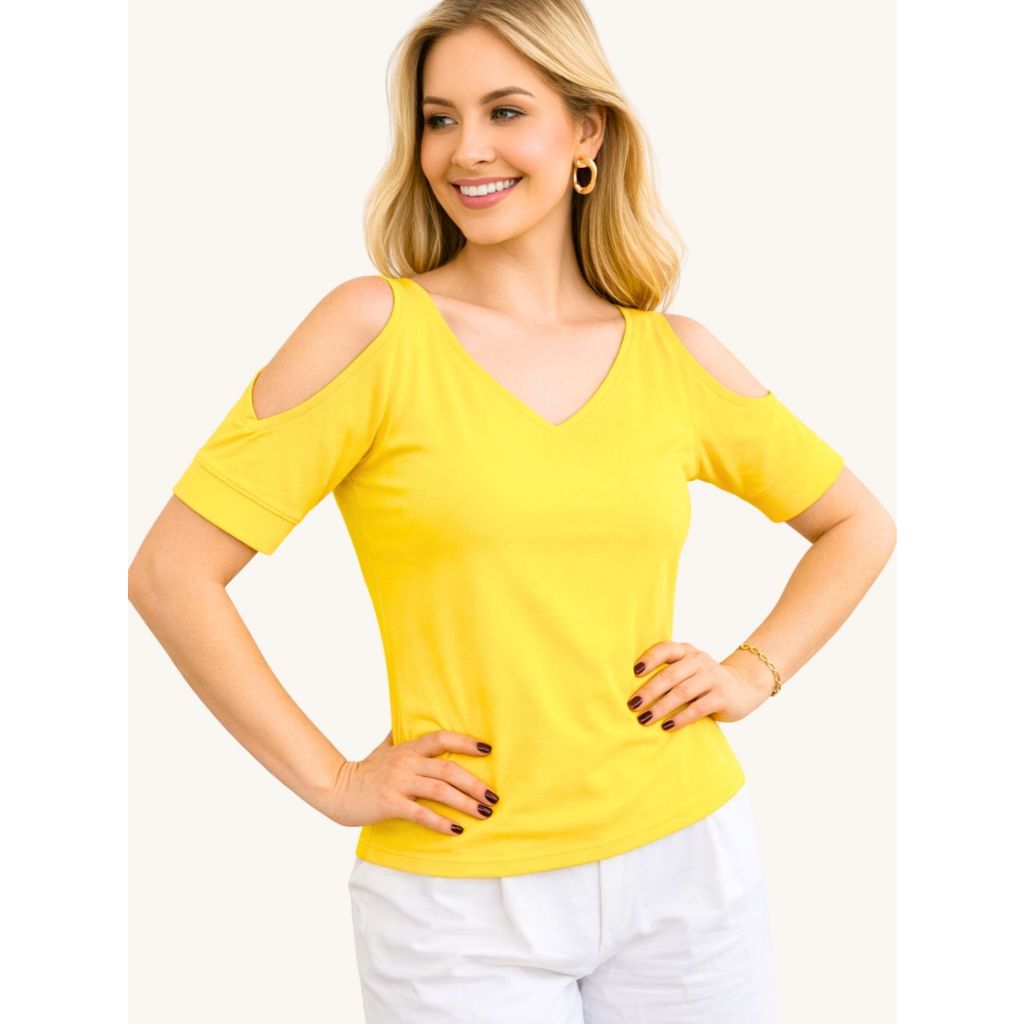 Blusa Viscolycra Off Shoulder Ombro Vazado Recorte Punho Verão Elegante Cor Sólida Blusa Viscolycra Off Shoulder Ombro Vazado Recorte Punho Verão Elegante Cor Sólida