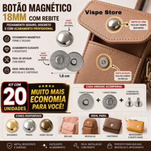 Kit 20 Botões Imã Magnetico 18mm Rebite Costura Externa Bolsa Mochila Artesanato Fixacao Resistente - Oferta na Shopee