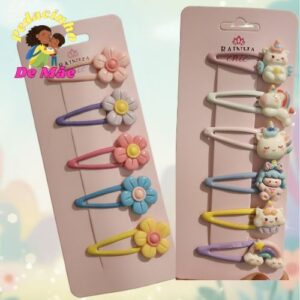 Kit 5 ou 6 Presilhas Infantil Coloridas Florzinhas e Unicórnios para Meninas Tic Tac Fofo Cabelo Bebê Criança - Oferta na Shopee