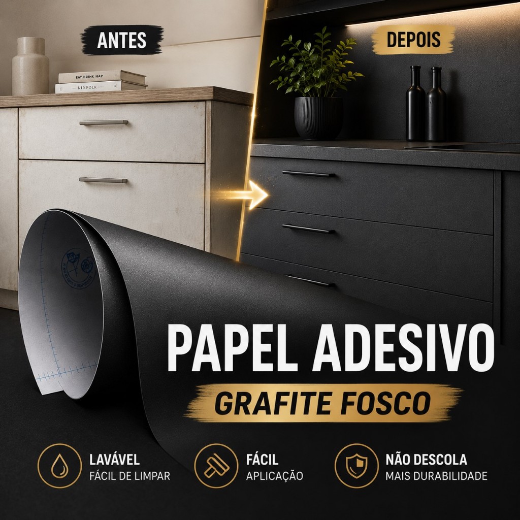 Papel de Parede Lavável P/ Moveis,eletrodomésticos, armários Cinza Grafite Fosco 60cm de largura Papel de Parede Lavável P/ Moveis