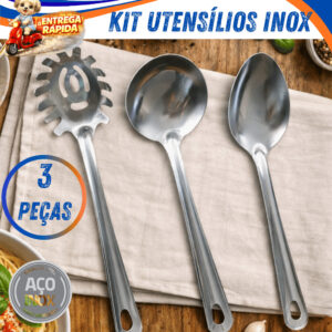 Kit de Utensílios de Cozinha em Aço Inox com Pegador de Massas