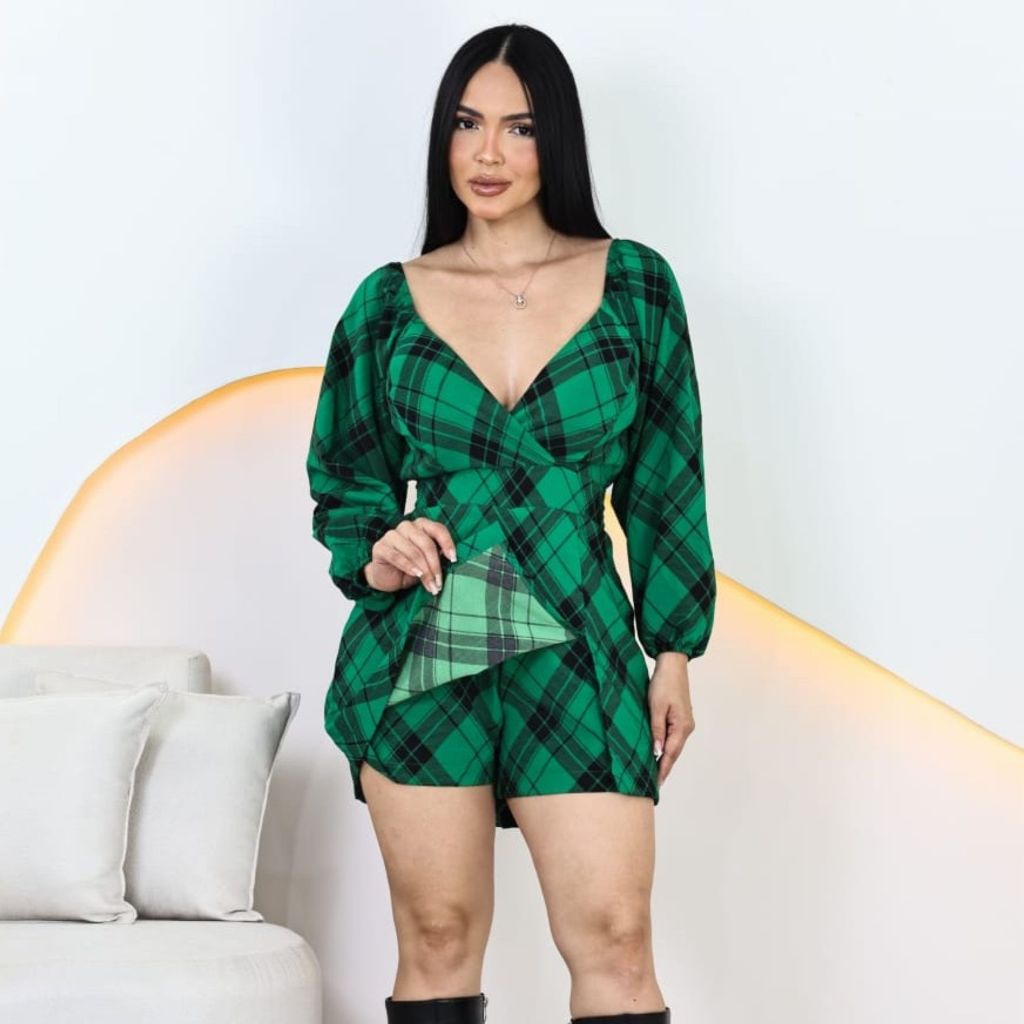 Vestido Macaquinho Xadrez com Saia Short e Bojo embutido com Manga longa e Solta e Fenda Lateral Vestido Macaquinho Xadrez com Saia Short e Bojo embutido com Manga longa e Solta e Fenda Lateral - Oferta na Shopee