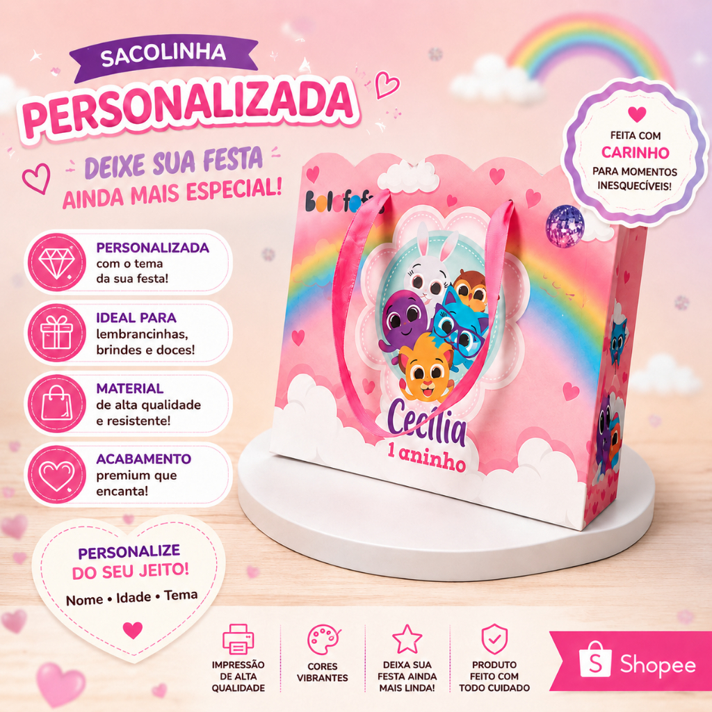 Sacolinhas Personalizadas Festa Bolofofo Rosa Sacolinhas Personalizadas Festa Bolofofo Rosa