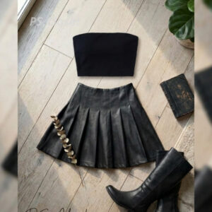 Conjunto Feminino Moda São João Saia Plissada Couro Preto + Cropped Suplex Tomara que caia Look Festa Junina Outono 2026 - Oferta na Shopee