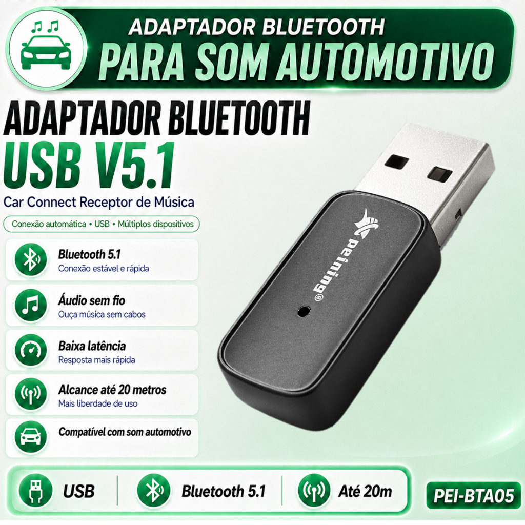 Adaptador Bluetooth Som Automotivo USB V5.1 Peining PEI-BTA04 Receptor de Música Car Connect Adaptador Bluetooth Som Automotivo USB V5.1 Peining PEI-BTA04 Receptor de Música Car Connect - Oferta na Shopee