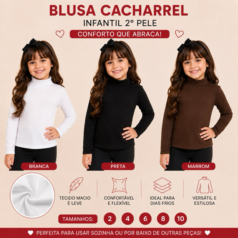 Blusa Cacharrel Infantil 2ª Pele Manga Longa Gola Alta 2 ao 10 Anos Blusa Cacharrel Infantil 2ª Pele Manga Longa Gola Alta 2 ao 10 Anos - Oferta na Shopee