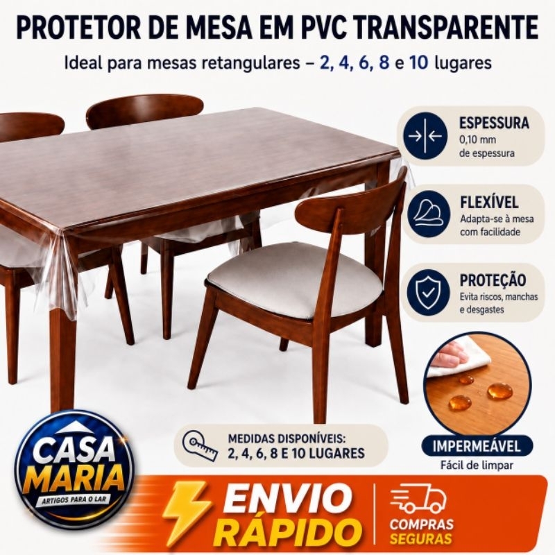 Toalha de Mesa Protetor PVC Transparente 0,10mm | Plástico Impermeável | Anti Mancha | Fácil de Limpar | Várias Medidas Toalha de Mesa Protetor PVC Transparente 0