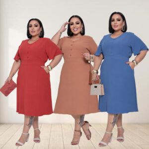 Vestido Mídi Com Botão no Busto e com Lastex nas Costas e Bolsos Funcionais - Oferta na Shopee