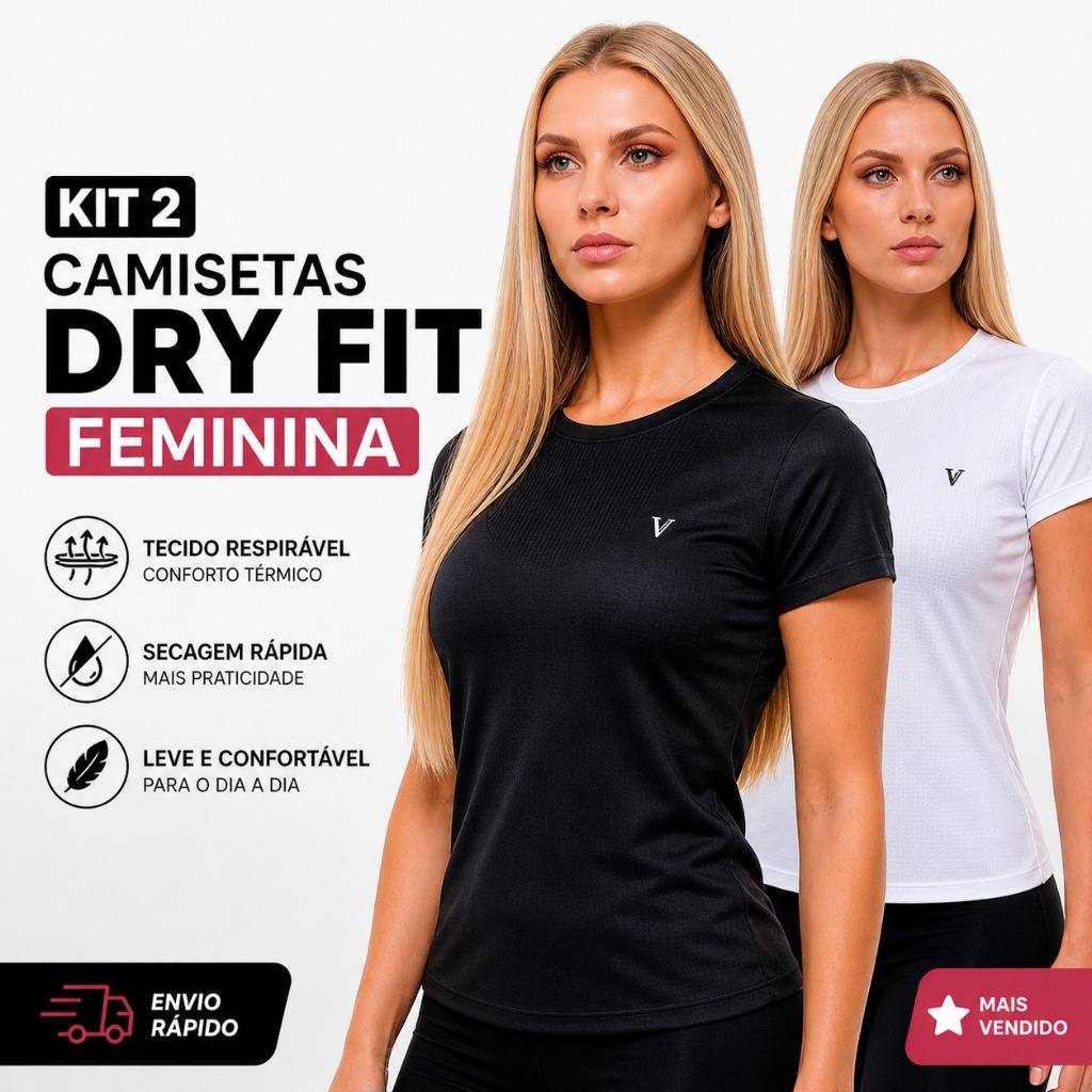 Kit 2 Camiseta Dry Fit Feminina Original Respirável Confortável Ideal Para Treinos Academia Kit 2 Camiseta Dry Fit Feminina Original Respirável Confortável Ideal Para Treinos Academia