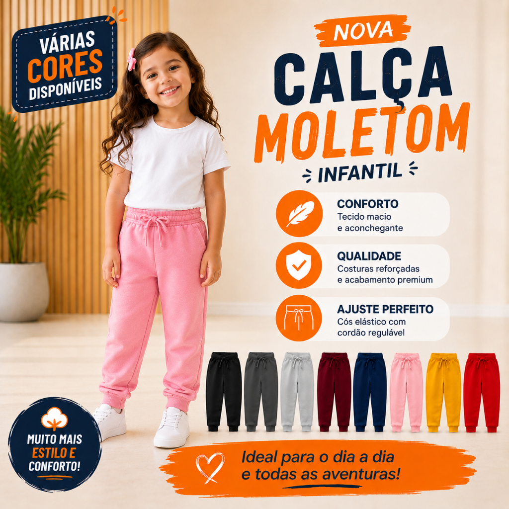 Kit 3 Calças Moletom Peluciado Infantil Com Punho Menina Inverno Creche Escola Kit 3 Calças Moletom Peluciado Infantil Com Punho Menina Inverno Creche Escola