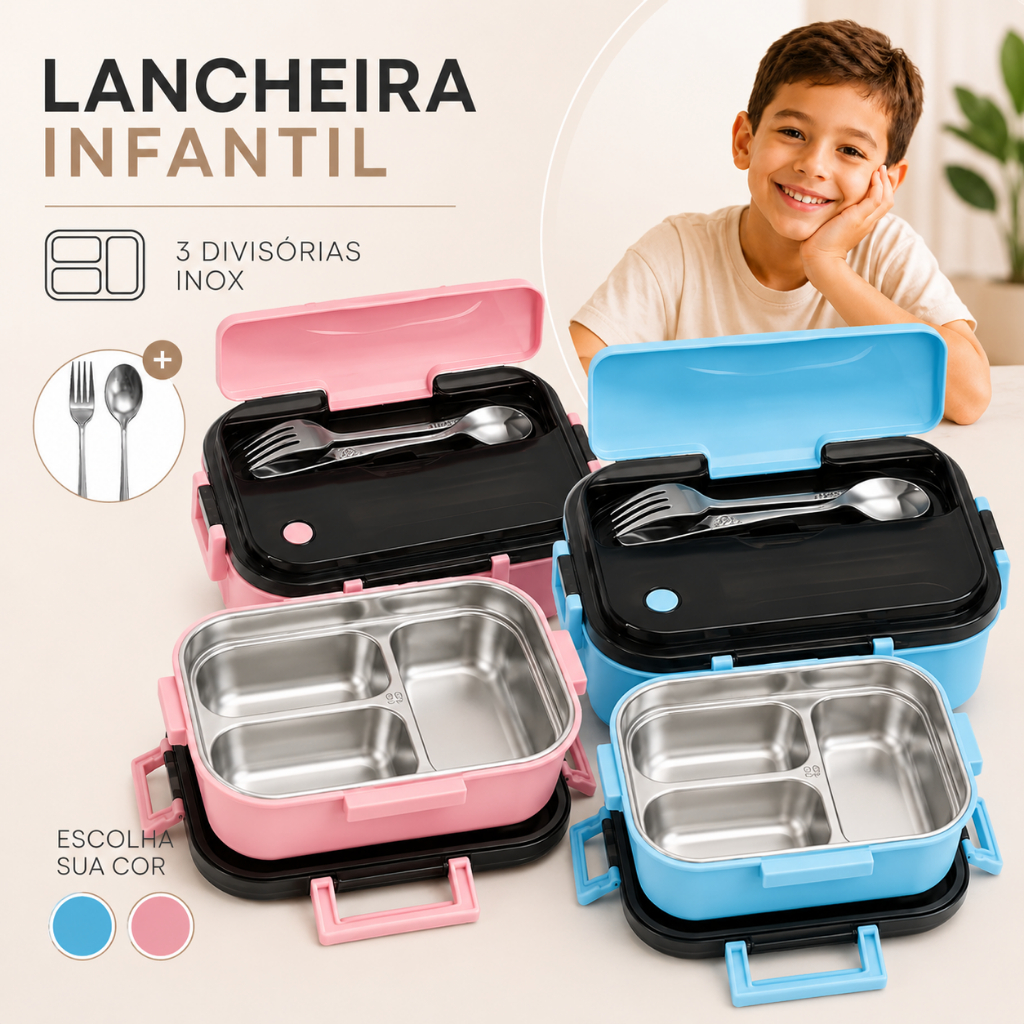 Lancheira Marmita Pote Infantil Lanche Escola Térmica Aço Inoxidável 1000ml 3 Divisórias, Aquece no Micro-ondas Lancheira Marmita Pote Infantil Lanche Escola Térmica Aço Inoxidável 1000ml 3 Divisórias, Aquece no Micro-ondas