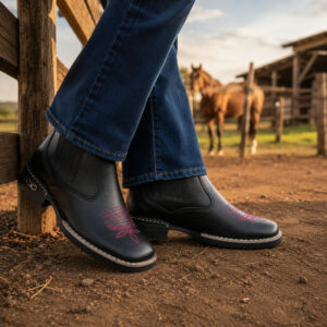 Botina Texana Feminina Boiadeira Couro Eco Premium Bordado Rosa Country Rodeio Festa Sertaneja - Oferta na Shopee