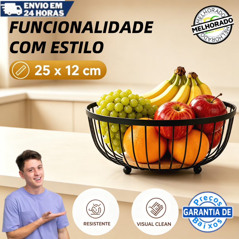 Fruteira de Mesa Rustica de Ferro e Bambu para Café da Manhã Multiuso de Metal Preto para Mesa Fruteira de Mesa Rustica de Ferro e Bambu para Café da Manhã Multiuso de Metal Preto para Mesa