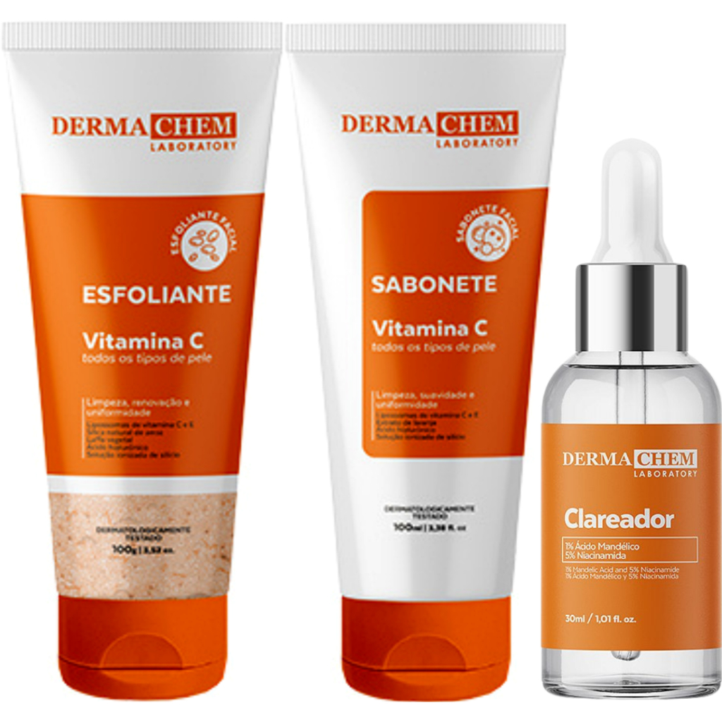 Kit 3 Itens SkinCare Vitamina C Dermachem – Sabonete, Esfoliante, Sérum Clareador Kit 3 Itens SkinCare Vitamina C Dermachem – Sabonete, Esfoliante, Sérum Clareador