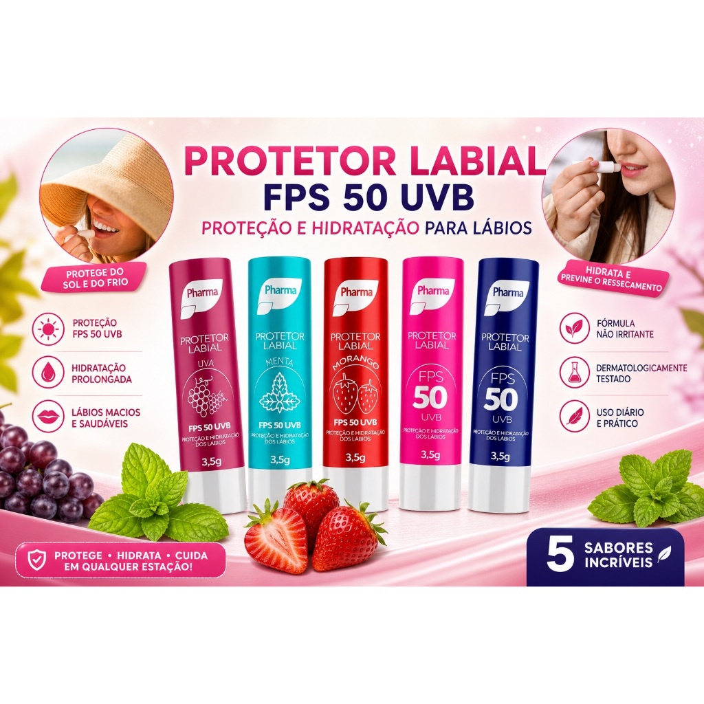 Kit 3 Protetor Labial FPS 50 Pharma 3,5g | Hidratação + Proteção UVB Kit 3 Protetor Labial FPS 50 Pharma 3,5g | Hidratação + Proteção UVB