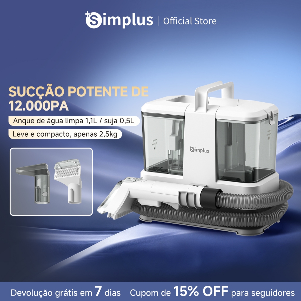 Simplus Extrator Multifuncional 12.000Pa Lava Estofado Portátil Leve 2,5kg Tanque Duplo 127V Simplus Extrator Multifuncional 12.000Pa Lava Estofado Portátil Leve 2