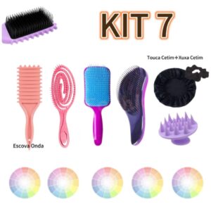kit com 7 Itens Escova Onda/Flexivel/Raquete/Mágica/Touca de Cetim/Xuxa de Cetim/ Escova Massageadora - Oferta na Shopee