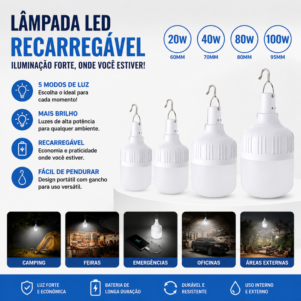 20/40/80/100w Lampião Camping Led Recarregável Acampamen Barraca 20/40/80/100w Lampião Camping Led Recarregável Acampamen Barraca - Oferta na Shopee