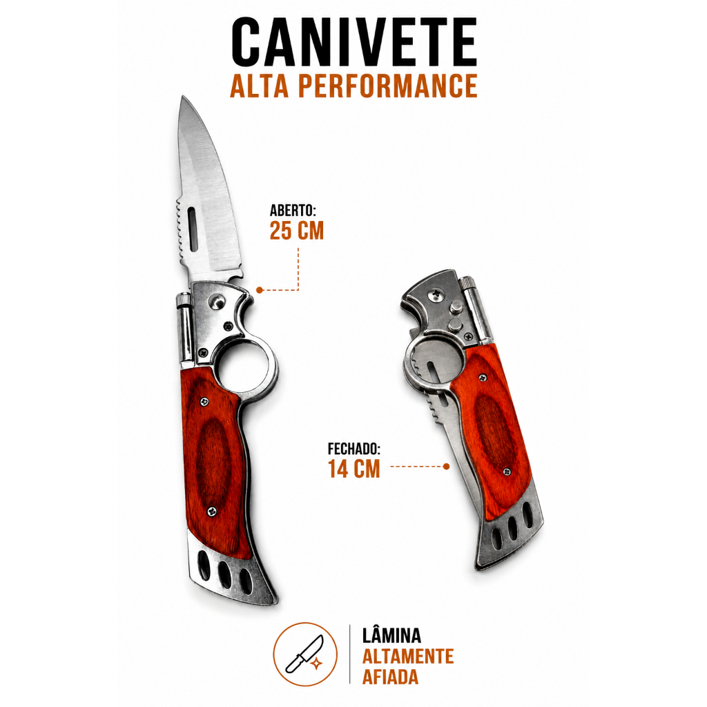 Canivete De Bolso Dobrável Aço Inox Cabo Madeira Com Bainha 25cm Canivete De Bolso Dobrável Aço Inox Cabo Madeira Com Bainha 25cm