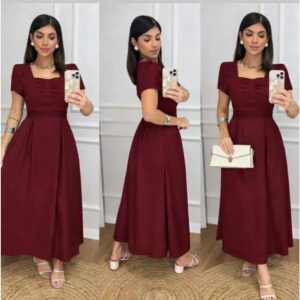 Vestido Midi Feminino Manga Curta  Elegante Com Lastex Nas Costas - Oferta na Shopee