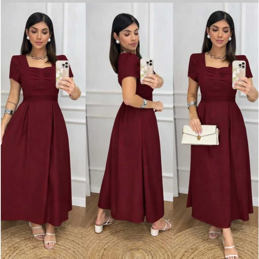 Vestido Midi Feminino Manga Curta Elegante Com Lastex Nas Costas Vestido Midi Feminino Manga Curta Elegante Com Lastex Nas Costas