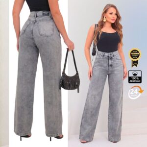 Calça Jeans Wide Leg Feminina Cintura Alta 4 Bolsos 100% Algodão Tecido Premium - Oferta na Shopee