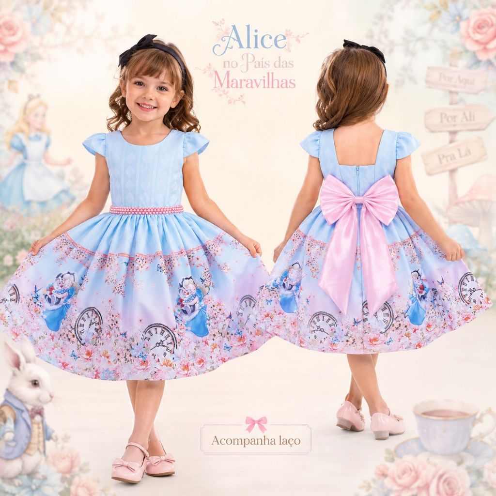 Vestido Infantil Menina Temático Roupa Infantil Alice No País Das Maravilhas Personagem Encantado Vestido Infantil Menina Temático Roupa Infantil Alice No País Das Maravilhas Personagem Encantado