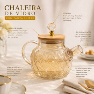 chaleira Bule de Vidro Âmbar para Chá e Sucos com Tampa de Bambu Luxo Elegante Decorativa 1L Cristal Vintage - Oferta na Shopee