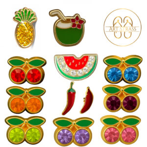 Kit 10 Pingentes Frutas e Pimentas de Metal Em Banho Dourado Para Chinelos - Oferta na Shopee