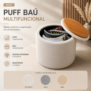 Puff Baú Redondo Multiuso 40cm com Tampa Firme Mesa de Apoio. Nas cores Bege/ Cinza /Off White - Oferta na Shopee
