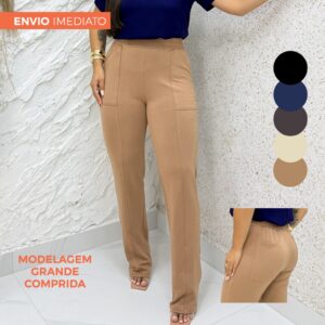 Calça Feminina Reta Malha Moletinho Premium Cintura Alta com Bolso - Oferta na Shopee