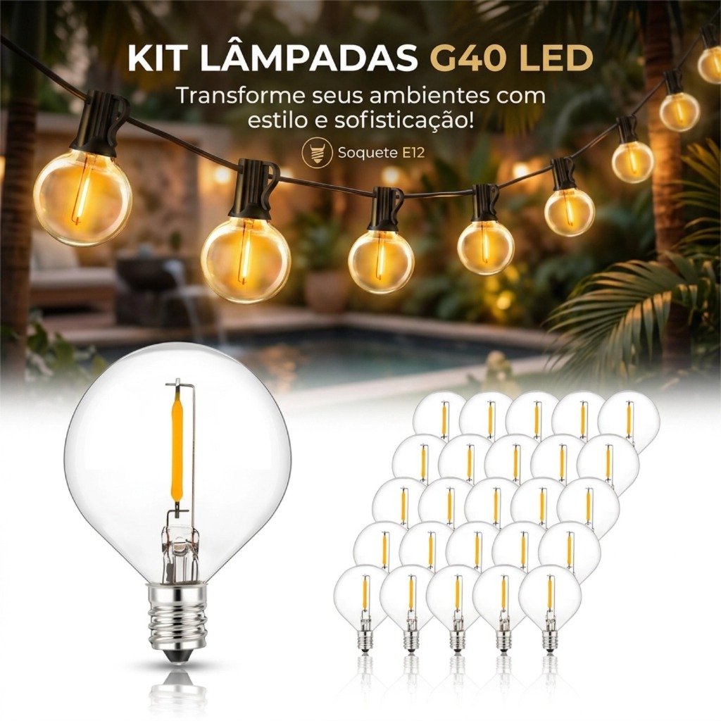 25pcs Lâmpada Led Festao Inquebrável E12 Luz Filamento G40 Lâmpadas de Substituição 25pcs Lâmpada Led Festao Inquebrável E12 Luz Filamento G40 Lâmpadas de Substituição