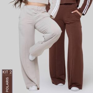 Kit 2 Calças Femininas Moletinho Peluciado Wide Leg Reta Cós Alto com Bolso - Oferta na Shopee