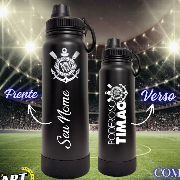 Garrafa Termica 800ml Com Base Silicone Personalizada a Laser Com Seu Time Favorito Garrafa Termica 800ml Com Base Silicone Personalizada a Laser Com Seu Time Favorito