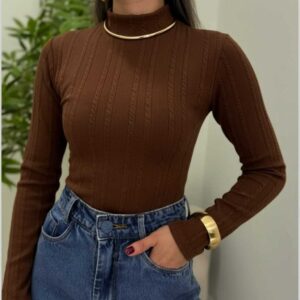 Body Feminino Gola Alta Manga Longa Comprida em Tecido Rivana - Oferta na Shopee