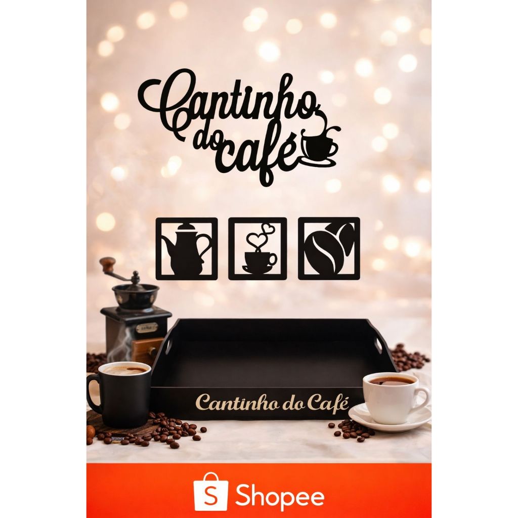 Kit Bandeja 4 MM Lisa E Apliques Cantinho do Café c/ Corações em MDF Preto Kit Bandeja 4 MM Lisa E Apliques Cantinho do Café c/ Corações em MDF Preto