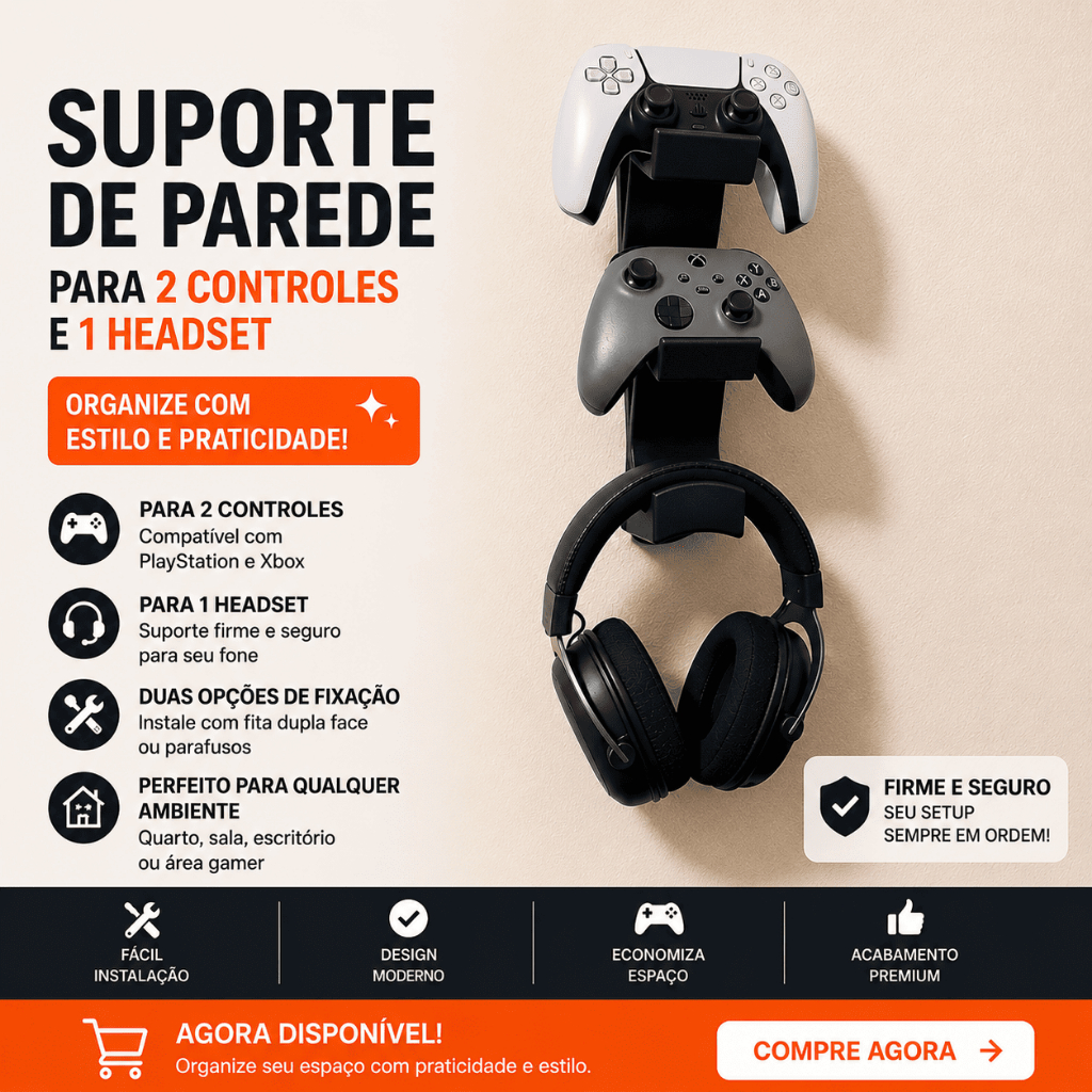 Suporte Controle Gamer Parede Para 2 Controles E Headset Fone Suporte Controle Gamer Parede Para 2 Controles E Headset Fone