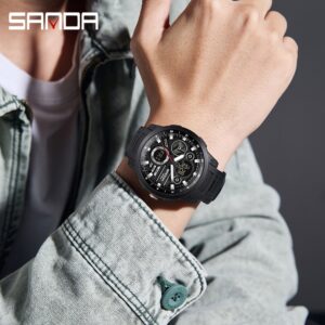 3379 SANDA Relógio Eletrônico Masculino Tela Dupla Esportes Tipo Calendário Multifuncional À Prova D'água LED - Oferta na Shopee