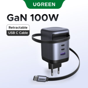 UGREEN 100W 4 Portas GaN Cabo Retrátil De 75 Cm USB A C Carregador Rápido Para iPhone 16 Pro Max