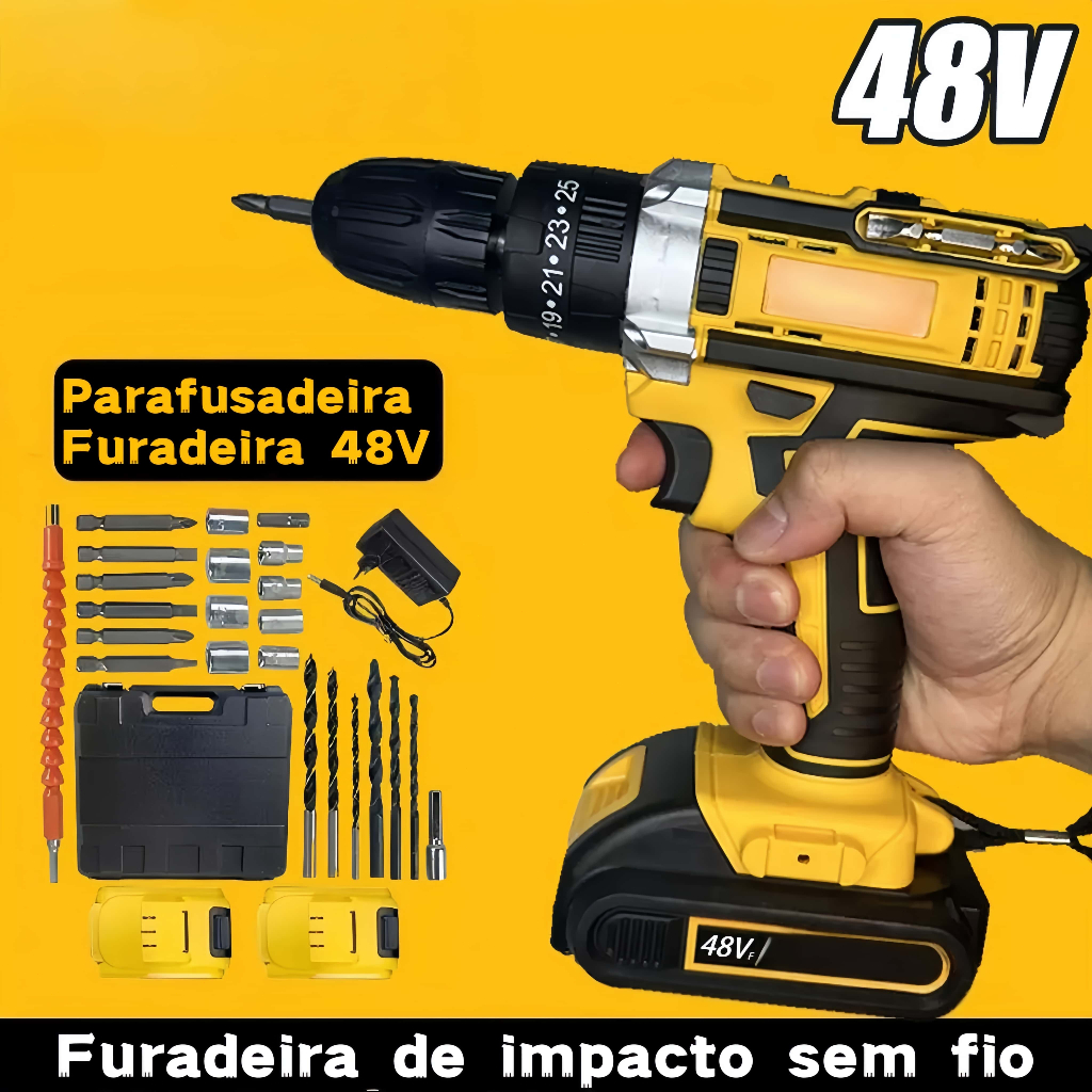 Parafusadeira Furadeira 48V 2 Baterias Com Maleta e Acessórios Completo Parafusadeira Furadeira 48V 2 Baterias Com Maleta e Acessórios Completo
