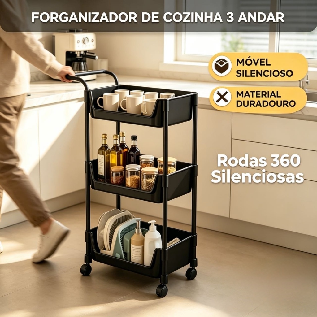 Carrinho Organizador 3 Andares Plástico com Rodas para Cozinha Casa Quarto Carrinho Organizador 3 Andares Plástico com Rodas para Cozinha Casa Quarto