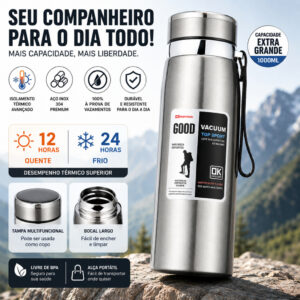 Garrafa 1000ml Aço Inoxidável Térmico Com Infusão De Capuz Prateado Effeclog Caphé Alça - Oferta na Shopee